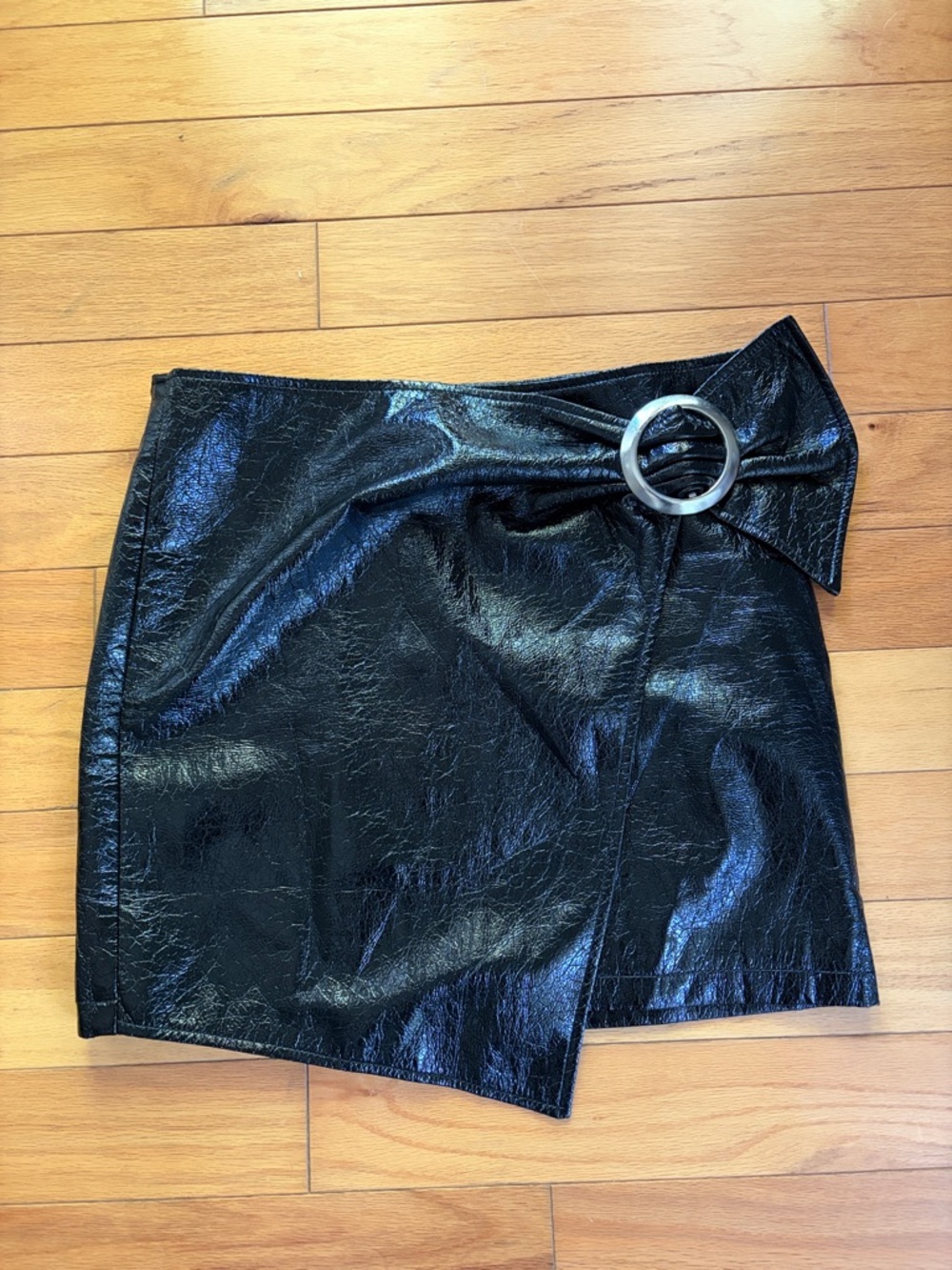 Mango Black Faux Leather Asymmetrical Mini Skirt with Silver Ring